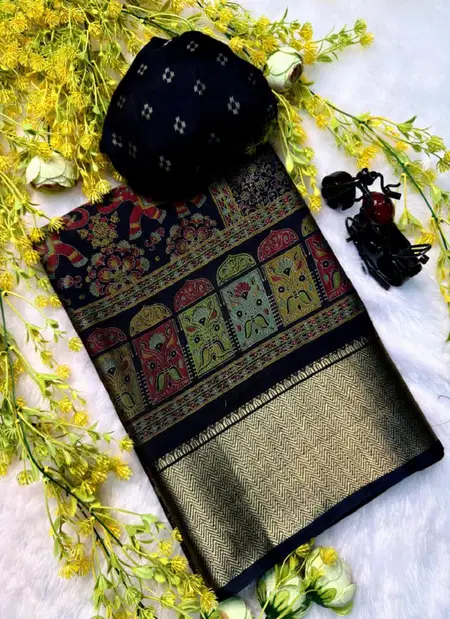 Tew Soft Bleck Dola Silk Kalamkari Design Sarees
